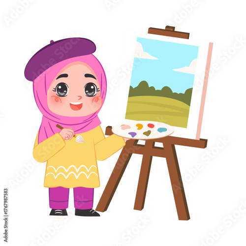 Cute Muslim little girl painting