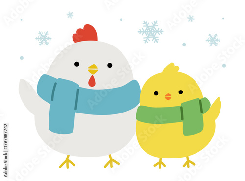 ニワトリとヒヨコの冬のイラスト
