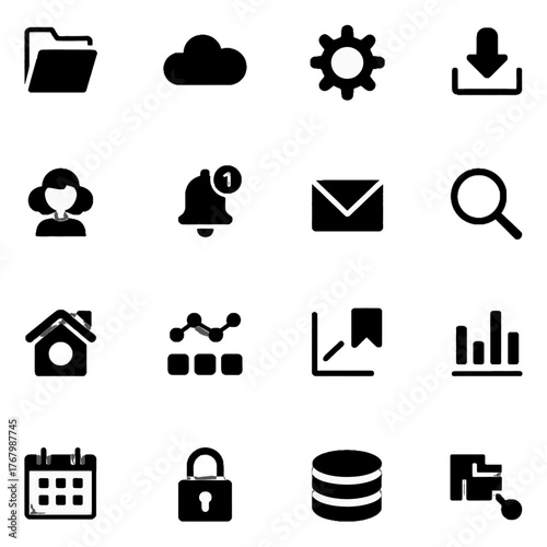 Collection of digital interface icons including folders, cloud, settings, download, user, notification, email, search, home, network, graph, calendar, lock, database, and document symbols