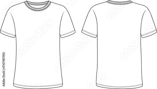 Short sleeve t-shirt sketch, front and back view, fashion flat drawing, garment template, apparel design, technical illustration, basic tee