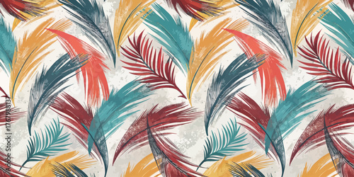 Abstract pattern of colorful tropical leaves in vibrant hues creating a lively atmosphere.