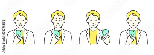 Minimalist Line Art Man Using Smartphone with 4 Expressions Set - Happy, Sad, and Winking User Emotions Illustration