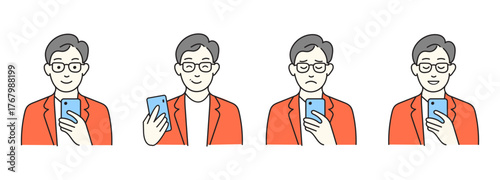 Minimalist Man Using Smartphone with 4 Expressions Set - Happy, Sad, Winking User Emotions Illustration
