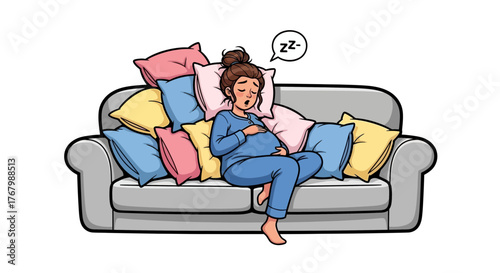 Pregnant woman finding peaceful rest on a cozy sofa surrounded by soft pillows, experiencing pregnancy fatigue