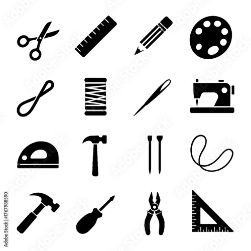 Collection of black silhouette icons representing various tools and equipment used in crafting, sewing, and general repair work.