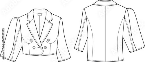 Cropped blazer sketch, double-breasted jacket, fashion flat drawing, technical illustration, front and back view, garment design, pattern template