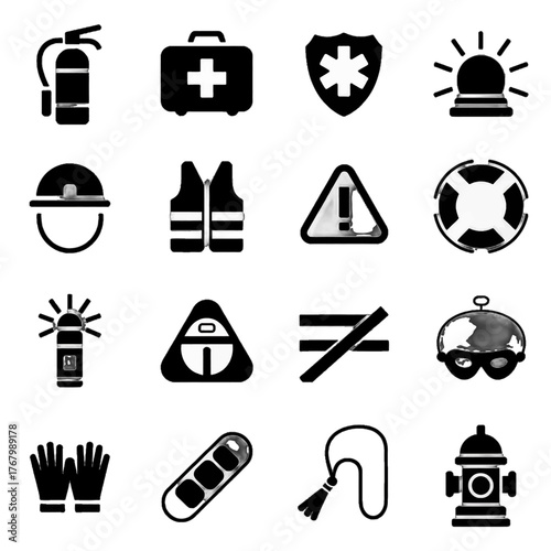 Collection of safety and emergency response icons including fire extinguisher, first aid kit, warning signs, protective gear, and rescue equipment.