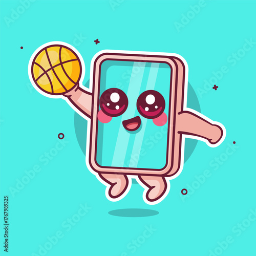 happy tablet device character mascot playing basketball isolated cartoon