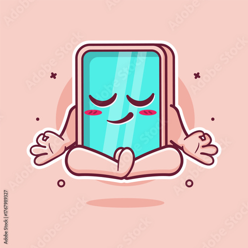 calm tablet device character mascot with yoga meditation pose isolated cartoon 