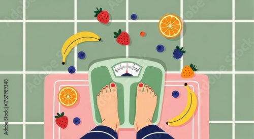 Illustration of person standing on a scale surrounded by fruit isolated on white background. Healthy eating and weight management with fresh fruits and scale