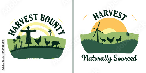 Harvest farm logo badges with chickens, pig, scarecrow, and windmill at sunrise for natural organic branding