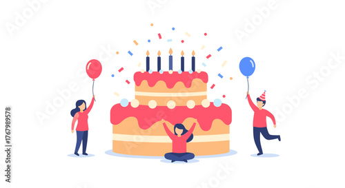 Happy birthday celebration with a large cake, confetti, balloons, and people