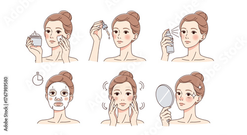 Woman applying skincare products and facial mask