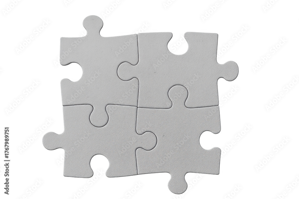 Fototapeta premium Four white jigsaw puzzle pieces connecting, symbolizing teamwork, problem solving, strategy, and business solution