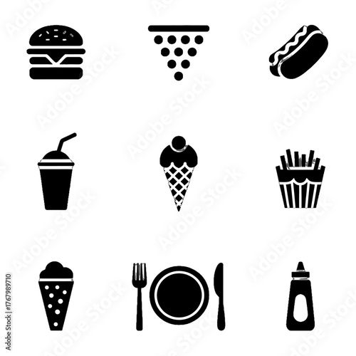 Set of black silhouette icons representing various food items and dining elements including burger, cocktail, hot dog, drink, ice cream, fries, dessert cone, cutlery, and condiment bottle.