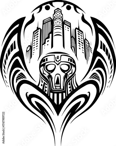SVG tattoo of skull guardians fused with engine mechanics.  Urban Skull with Cityscape in Abstract Tribal Design Aesthetic