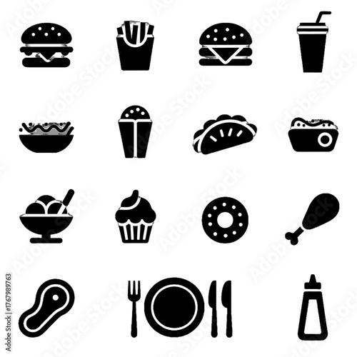 Collection of food and dining icons including burgers, fries, tacos, desserts, meat, utensils, and condiments in a minimalist black silhouette style.