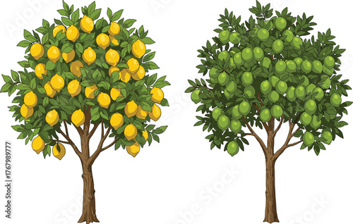 Lemon and lime citrus trees with ripe yellow lemons and fresh green limes, seasonal fruit vector illustration for healthy food design