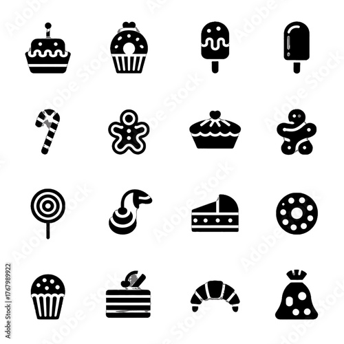 Collection of black silhouette icons representing various desserts and sweets including cakes, cupcakes, ice cream, cookies, and candy.