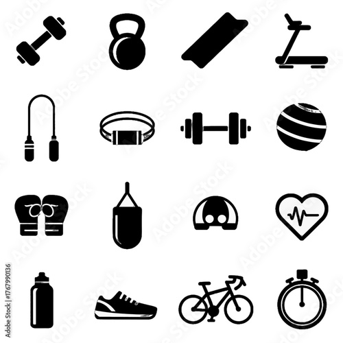 Collection of fitness and exercise equipment icons including weights, treadmill, jump rope, boxing gloves, bicycle, and heart rate monitor