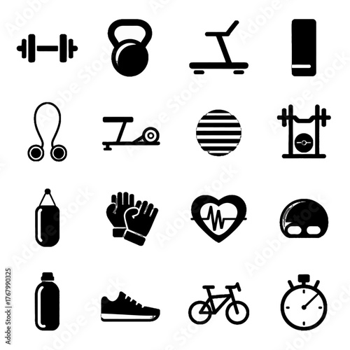 Collection of fitness and exercise icons including weights, cardio equipment, sports gear, and health-related symbols