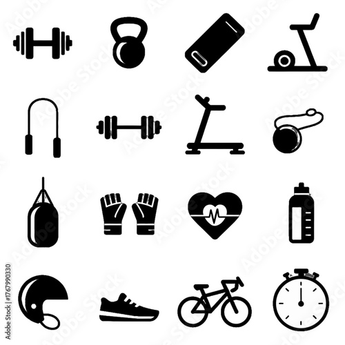 Collection of fitness and exercise-related icons including weights, cardio equipment, sports gear, and health symbols