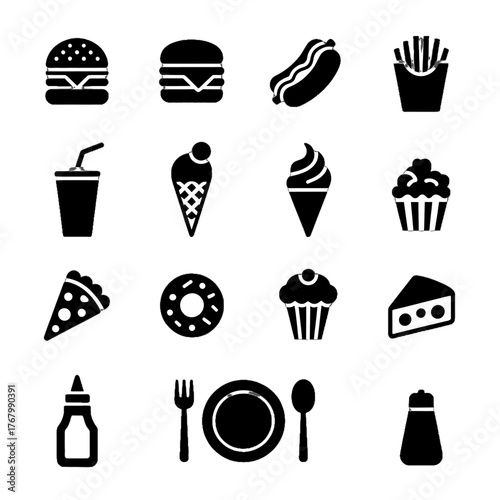Collection of black silhouette icons representing various food items and dining utensils including burgers, ice cream, desserts, and condiments.