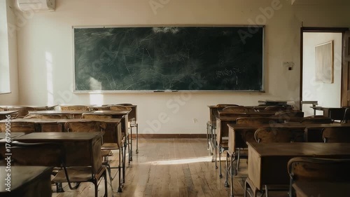 An empty classroom with rows of old wooden desks, a blackboard, and natural light shining through a window
