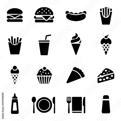 Collection of food and dining icons including burgers, fries, ice cream, desserts, and tableware in black silhouette style
