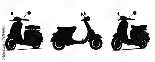 Scooter silhouette set vector design showing retro and modern motorbike shapes.