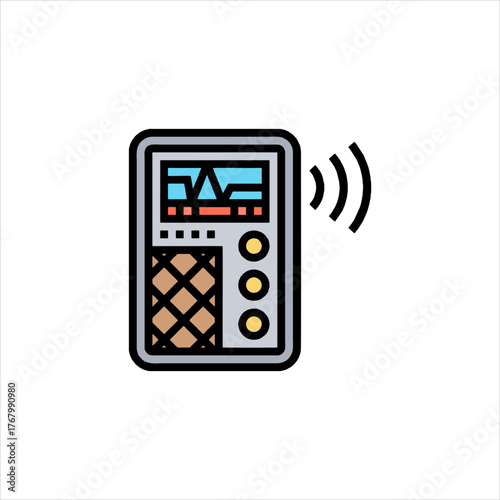 Radio transmits signal with antenna in modern device showing waveform on screen, representing communication technology.