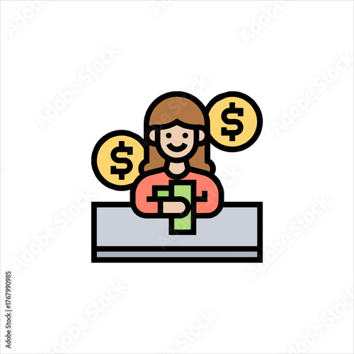 Smiling woman manages finances at her desk, surrounded by dollar coins, representing financial success and prosperity in a modern, minimalist style.
