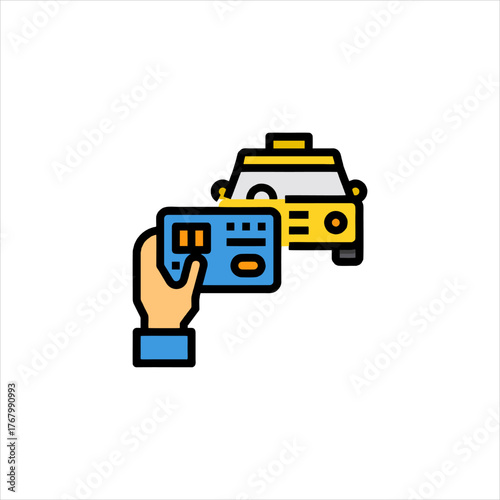 Hand holding credit card pays for taxi cab ride in city, symbolizing cashless payment and modern transportation convenience.