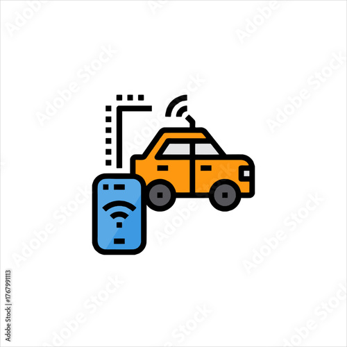 Yellow car connects to smartphone via wireless technology for remote control and monitoring, showcasing modern transportation and connectivity.