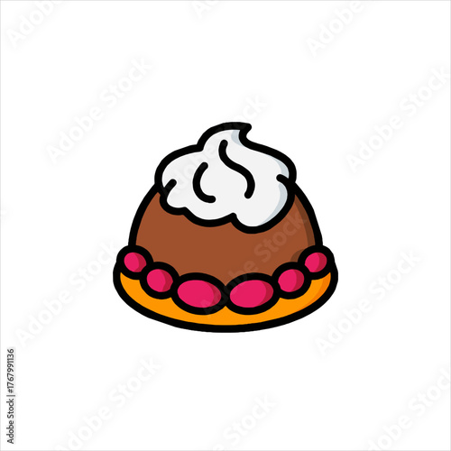 Delicious chocolate pastry topped with whipped cream sitting on plate, surrounded by small red berries, creating a sweet and tempting dessert scene.