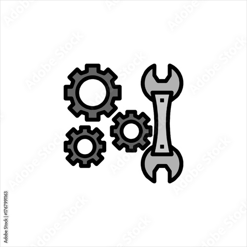 Gears and wrench symbolize engineering and problemsolving in a minimalist style, representing technical expertise and mechanical solutions, conveying a sense of precision and efficiency.