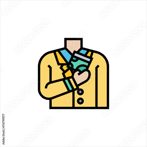 Man in yellow suit hides stack of money inside his jacket, symbolizing corruption and bribery in a shady business deal, creating a sense of distrust and secrecy.