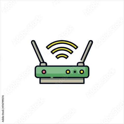 Green wireless router emitting wifi signal on white surface representing modern technology and connectivity.