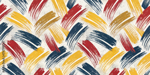 Vibrant abstract pattern featuring bold brush strokes in red, yellow, navy blue, and white.