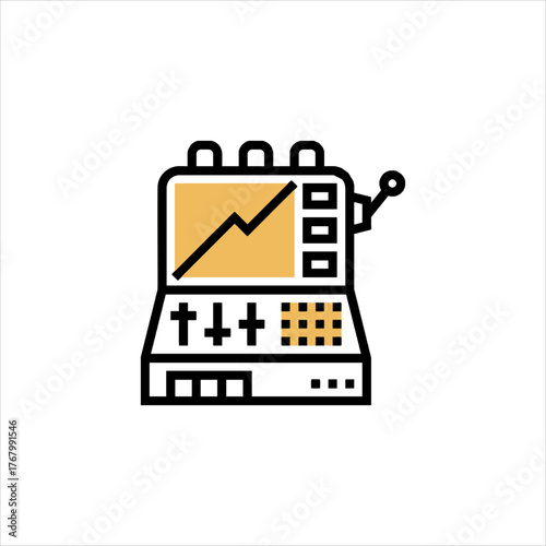 Electronic device displays data with knobs and buttons on a white surface, indicating precision and control in a technological context.