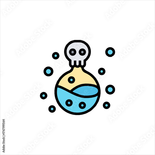 Poison bottle with skull and bubbles brews a dangerous potion, symbolizing toxicity and danger in a laboratory setting.