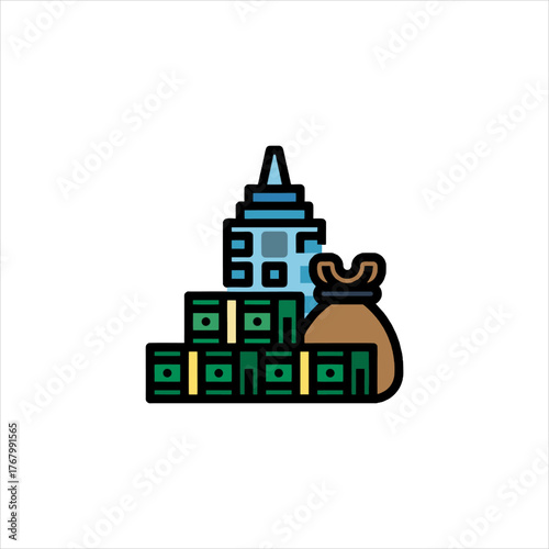 Stack of money sits beside a building and a bag of cash, representing wealth and financial success in a modern, clean style.