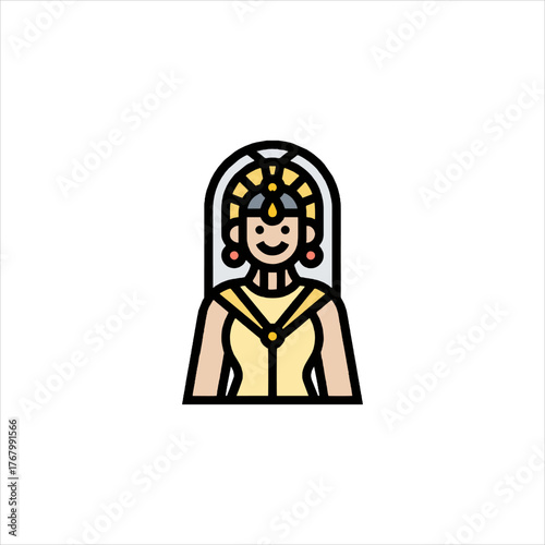 Smiling egyptian woman wearing traditional headdress stands gracefully against a plain backdrop, radiating ancient elegance and timeless beauty.