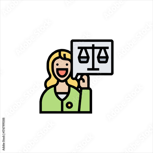 Smiling lawyer holding speech bubble with scales of justice in office representing legal advice and fairness, conveying trust and professionalism.