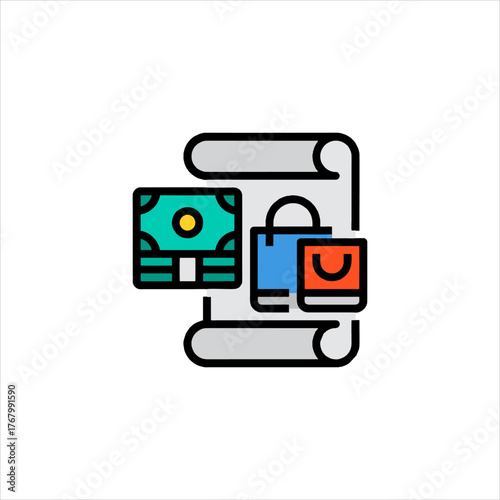 Money and shopping bags displayed on a scroll represent financial planning and consumerism in a modern, minimalist style.