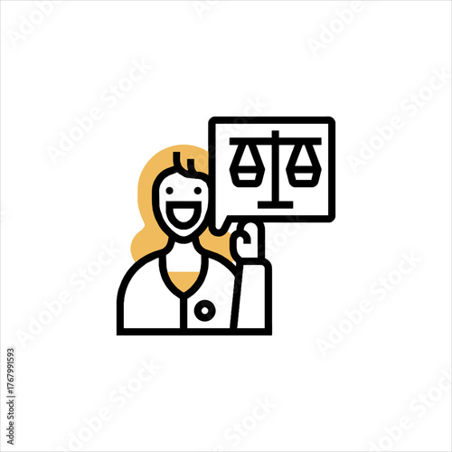 Smiling woman holds sign with scales representing justice and fairness in a courtroom, symbolizing legal representation and equality under the law.