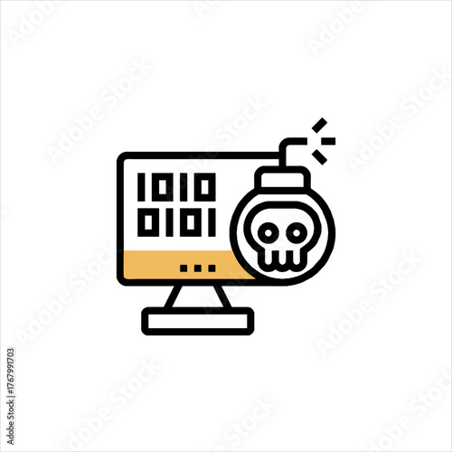 Computer displays digital code with a bomb symbol, representing a cyber attack and data breach, creating a sense of urgency and danger.