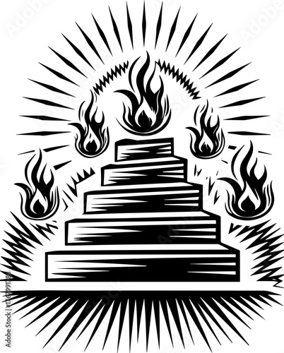 Skull with flame and pilgrims in tattoo style. Abstract Black and White Fire Flame Design with Geometric Shapes