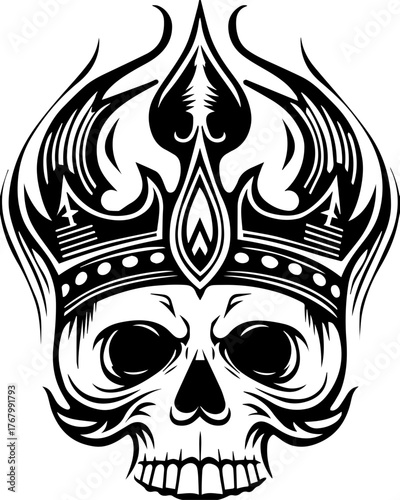 Skull with flame and pilgrims in tattoo style. Skull with Crown and Flames Graphic Art for Tattoo and Design