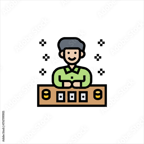 Smiling dealer sits behind poker table in casino, ready to deal cards for the next hand, creating an atmosphere of excitement and anticipation.